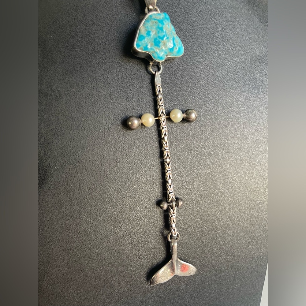 Turquoise, real pearls and Silver Pendant Necklace One of a kind “fish skeleton”